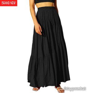 Boho Elastic Waist Pleated A-Line Maxi Skirt with Pockets
